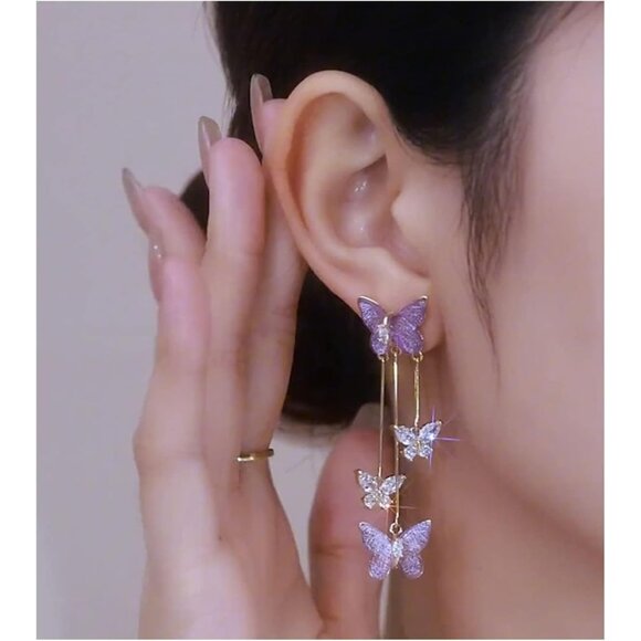 Women's Purple Tassel Style Zircon Lightweight Butterfly Crystal Dangle Earring - Picture 6 of 8